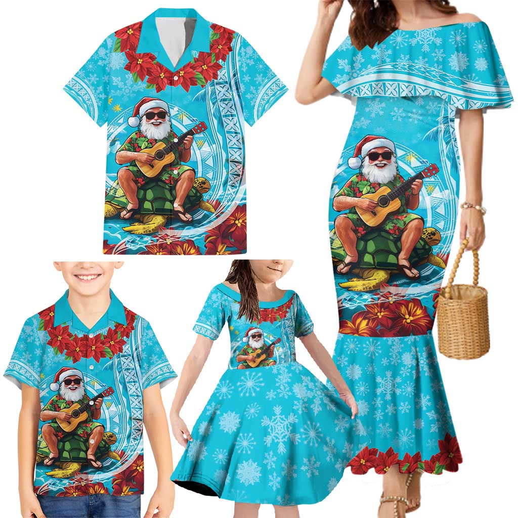 Hawaii Christmas Family Matching Mermaid Dress and Hawaiian Shirt Mele Kalikimaka Poinsettia Lei Polynesian - Blue LT14 - Polynesian Pride