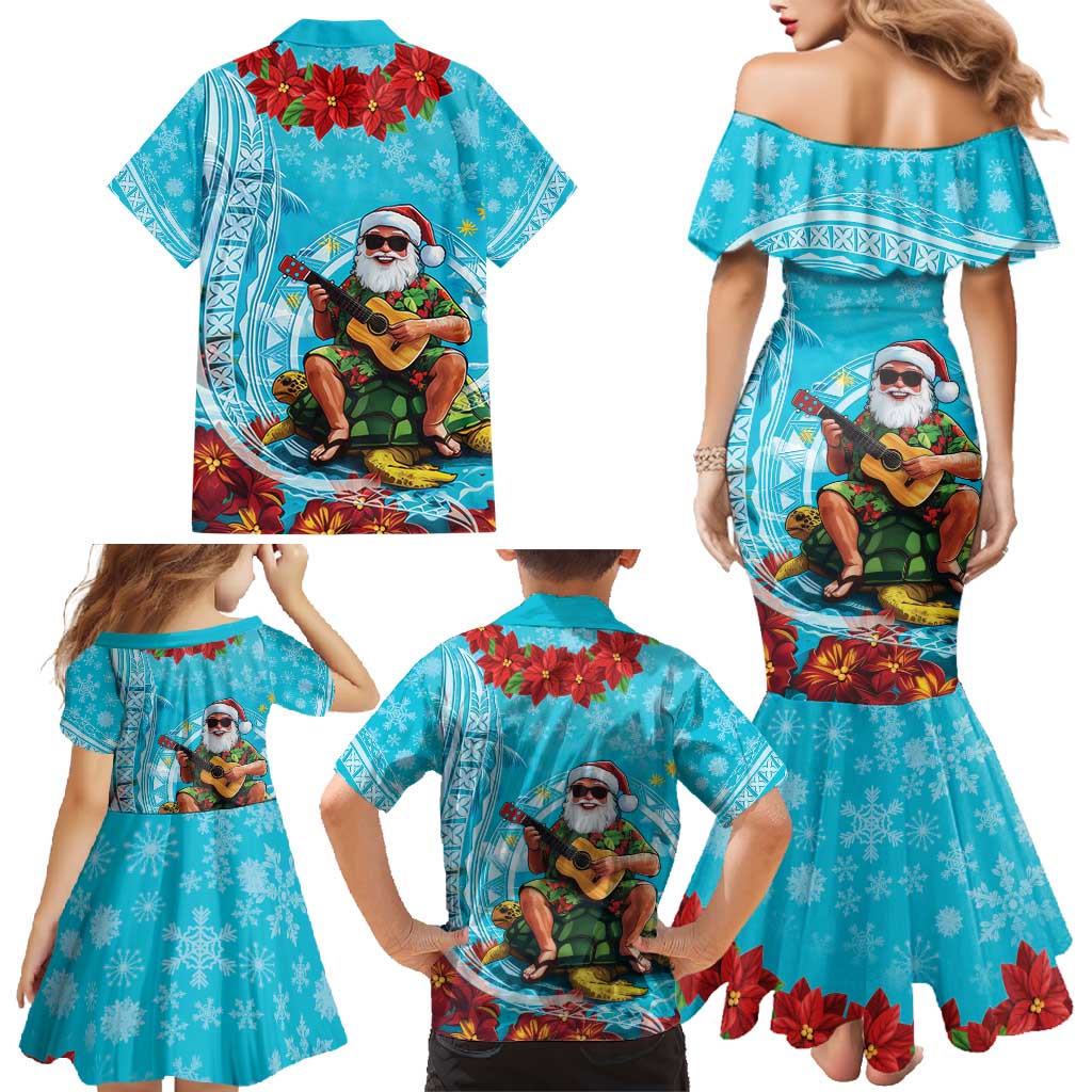 Hawaii Christmas Family Matching Mermaid Dress and Hawaiian Shirt Mele Kalikimaka Poinsettia Lei Polynesian - Blue LT14 - Polynesian Pride