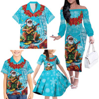 Hawaii Christmas Family Matching Off The Shoulder Long Sleeve Dress and Hawaiian Shirt Mele Kalikimaka Poinsettia Lei Polynesian - Blue LT14 - Polynesian Pride