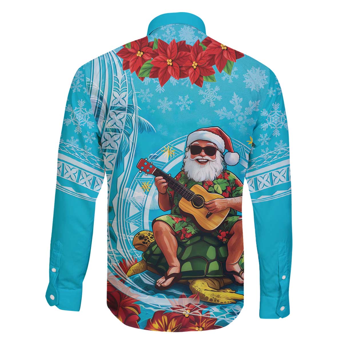 Hawaii Christmas Family Matching Off The Shoulder Long Sleeve Dress and Hawaiian Shirt Mele Kalikimaka Poinsettia Lei Polynesian - Blue LT14 - Polynesian Pride