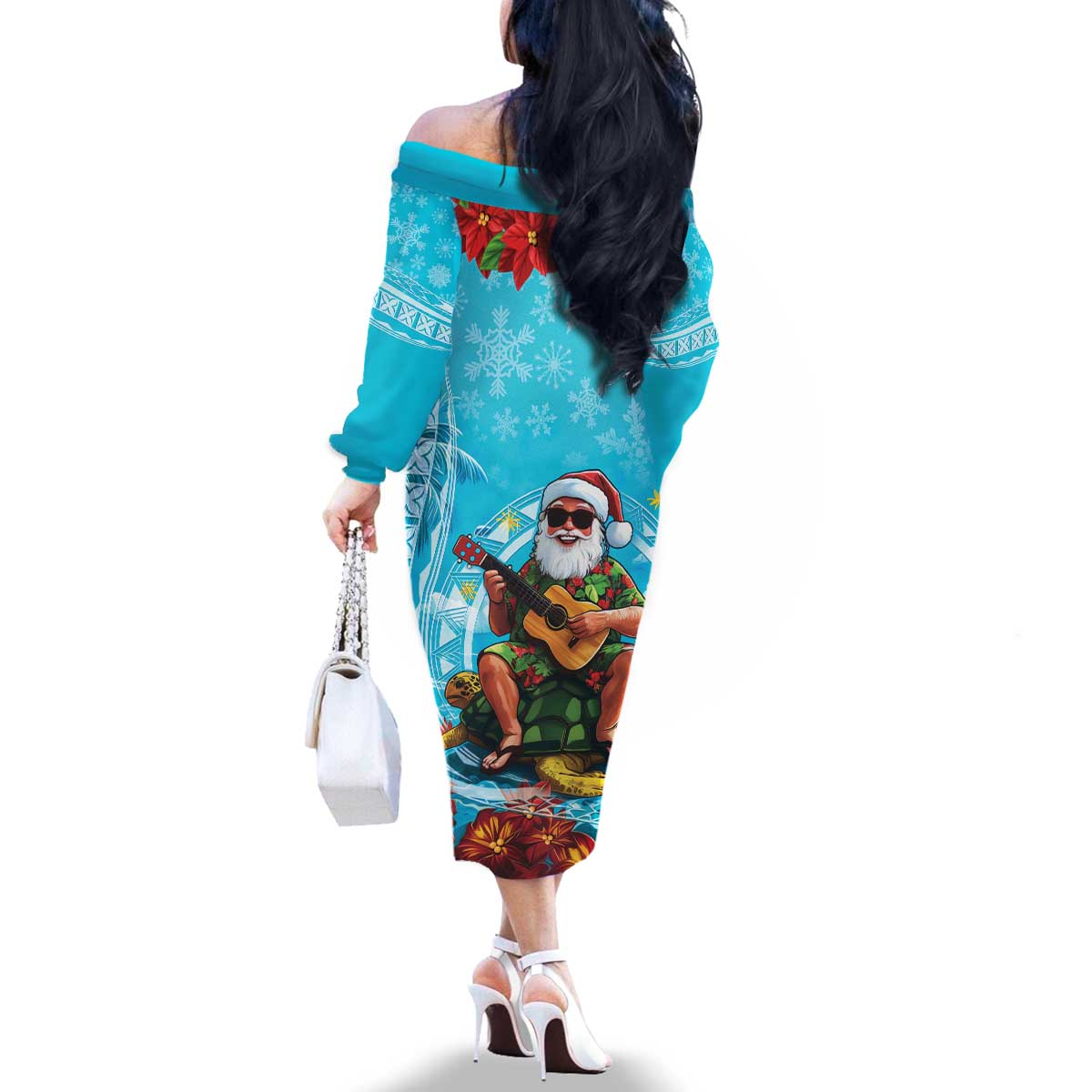 Hawaii Christmas Family Matching Off The Shoulder Long Sleeve Dress and Hawaiian Shirt Mele Kalikimaka Poinsettia Lei Polynesian - Blue LT14 - Polynesian Pride