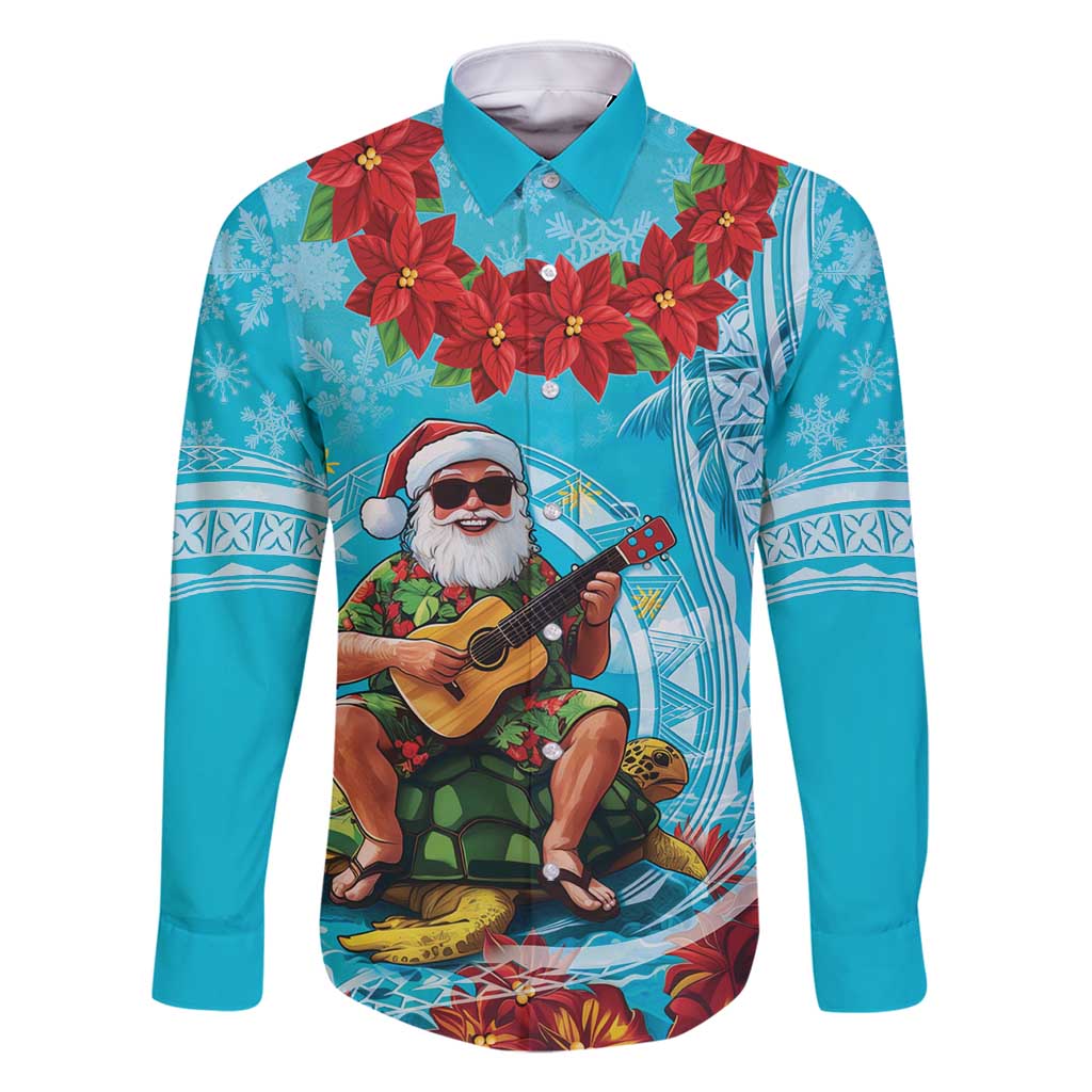 Hawaii Christmas Family Matching Off Shoulder Maxi Dress and Hawaiian Shirt Mele Kalikimaka Poinsettia Lei Polynesian - Blue LT14 Dad's Shirt - Long Sleeve Blue - Polynesian Pride