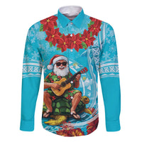 Hawaii Christmas Family Matching Off Shoulder Maxi Dress and Hawaiian Shirt Mele Kalikimaka Poinsettia Lei Polynesian - Blue LT14 Dad's Shirt - Long Sleeve Blue - Polynesian Pride