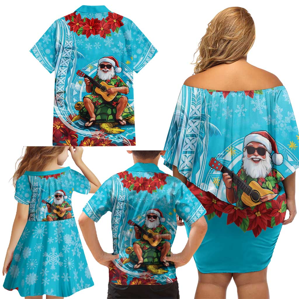Hawaii Christmas Family Matching Off Shoulder Short Dress and Hawaiian Shirt Mele Kalikimaka Poinsettia Lei Polynesian - Blue LT14 - Polynesian Pride