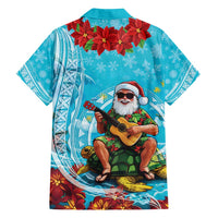 Hawaii Christmas Family Matching Off Shoulder Short Dress and Hawaiian Shirt Mele Kalikimaka Poinsettia Lei Polynesian - Blue LT14 - Polynesian Pride