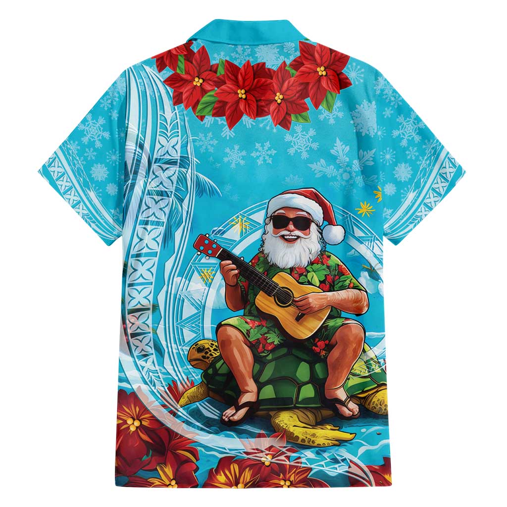 Hawaii Christmas Family Matching Short Sleeve Bodycon Dress and Hawaiian Shirt Mele Kalikimaka Poinsettia Lei Polynesian - Blue