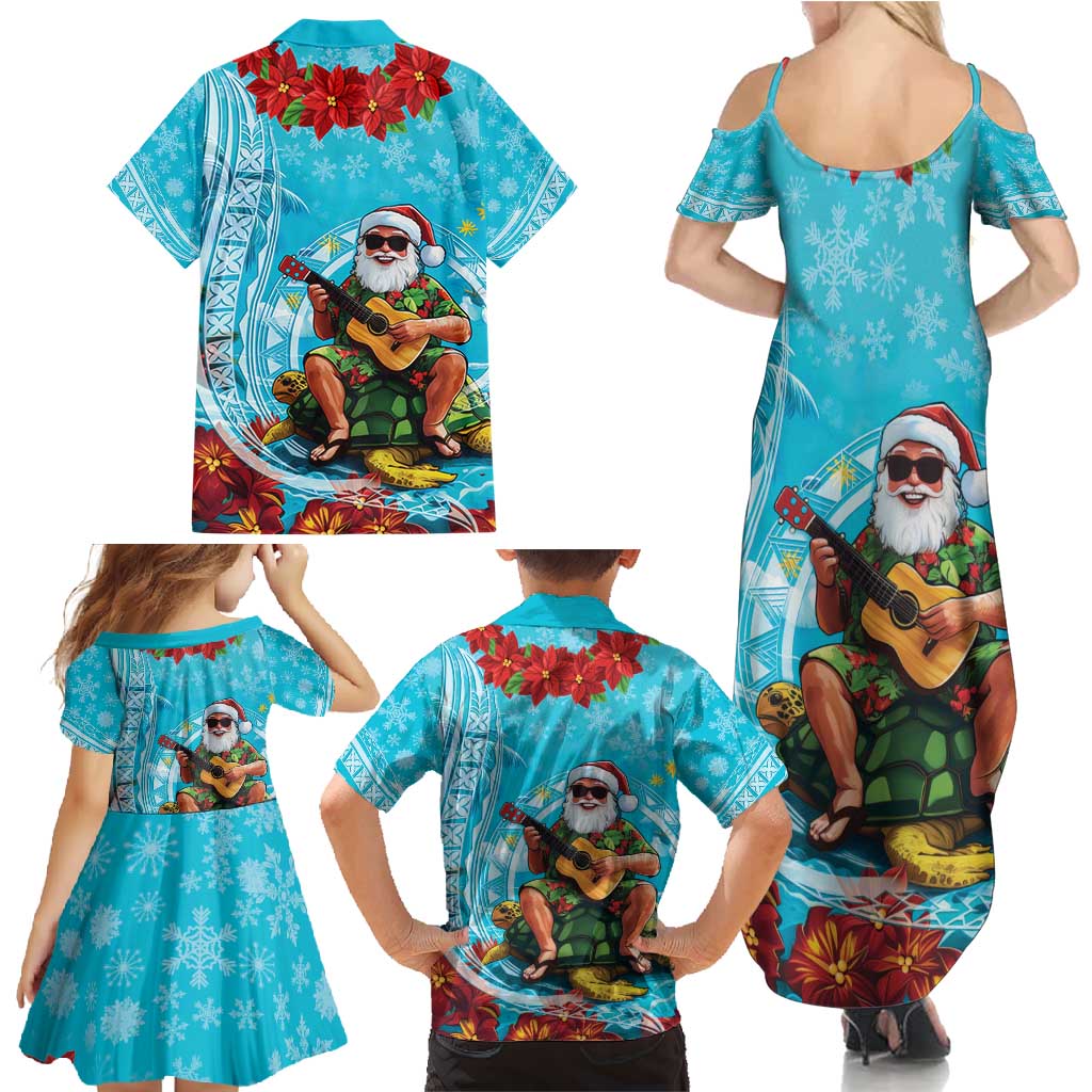 Hawaii Christmas Family Matching Summer Maxi Dress and Hawaiian Shirt Mele Kalikimaka Poinsettia Lei Polynesian - Blue