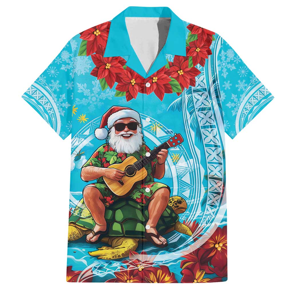 Hawaii Christmas Family Matching Tank Maxi Dress and Hawaiian Shirt Mele Kalikimaka Poinsettia Lei Polynesian - Blue