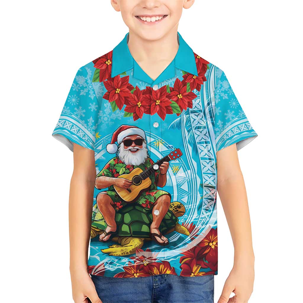 Hawaii Christmas Kid Hawaiian Shirt Mele Kalikimaka Poinsettia Lei Polynesian - Blue LT14 Kid Blue - Polynesian Pride
