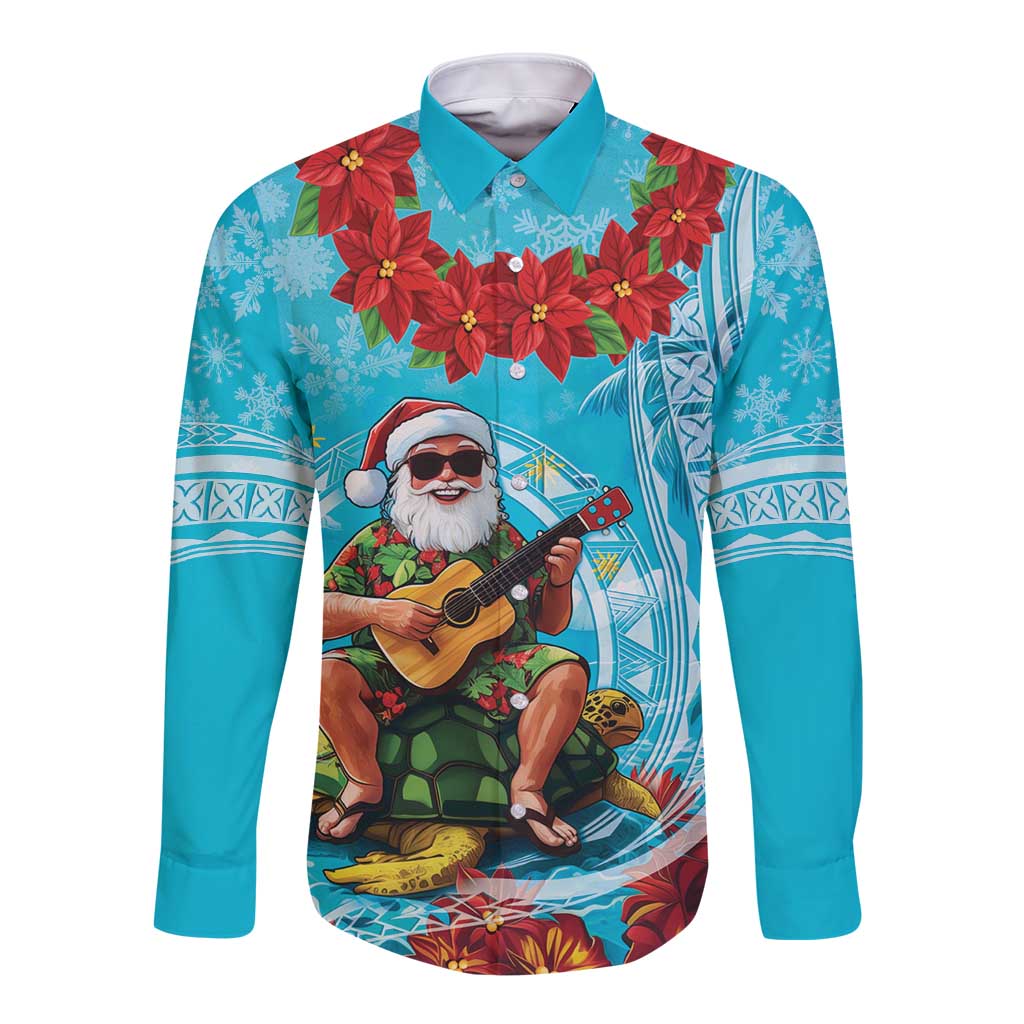 Hawaii Christmas Long Sleeve Button Shirt Mele Kalikimaka Poinsettia Lei Polynesian - Blue LT14 Unisex Blue - Polynesian Pride