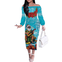 Hawaii Christmas Off The Shoulder Long Sleeve Dress Mele Kalikimaka Poinsettia Lei Polynesian - Blue LT14 Women Blue - Polynesian Pride