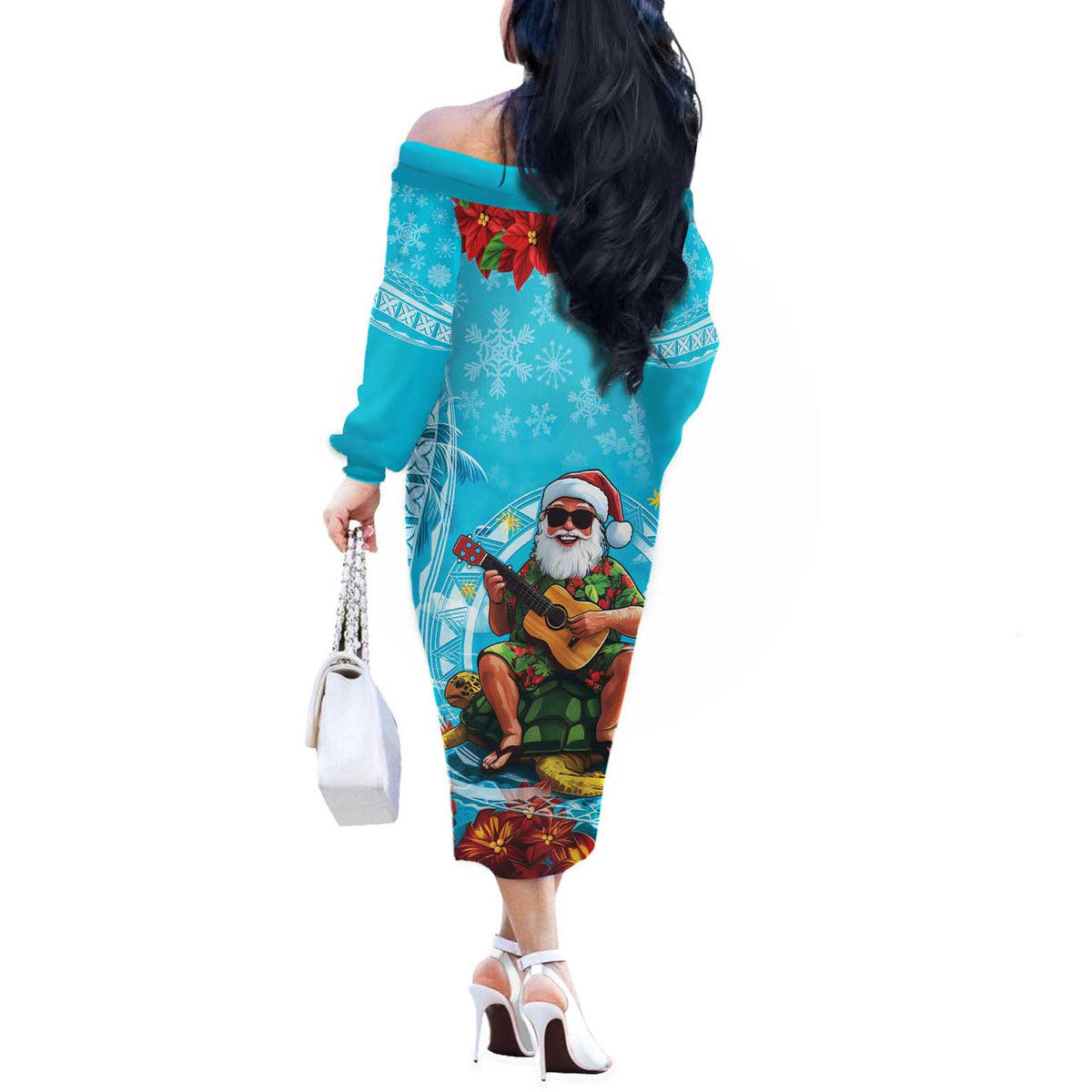 Hawaii Christmas Off The Shoulder Long Sleeve Dress Mele Kalikimaka Poinsettia Lei Polynesian - Blue LT14 - Polynesian Pride