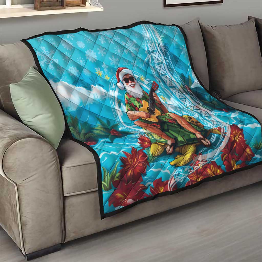 Hawaii Christmas Quilt Mele Kalikimaka Poinsettia Lei Polynesian - Blue