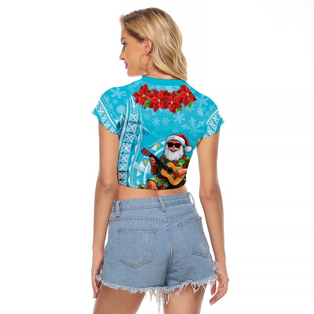 Hawaii Christmas Raglan Cropped T Shirt Mele Kalikimaka Poinsettia Lei Polynesian - Blue LT14 - Polynesian Pride