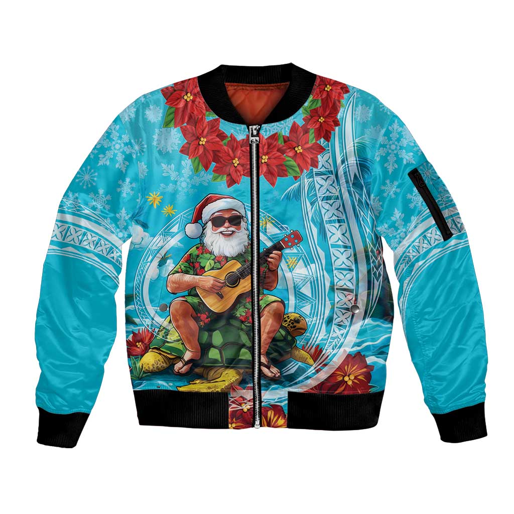 Hawaii Christmas Sleeve Zip Bomber Jacket Mele Kalikimaka Poinsettia Lei Polynesian - Blue LT14 Unisex Blue - Polynesian Pride
