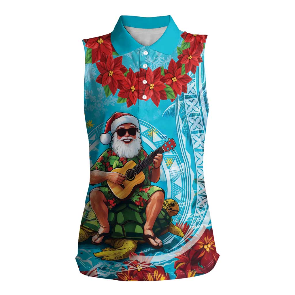 Hawaii Christmas Women Sleeveless Polo Shirt Mele Kalikimaka Poinsettia Lei Polynesian - Blue LT14 Female Blue - Polynesian Pride