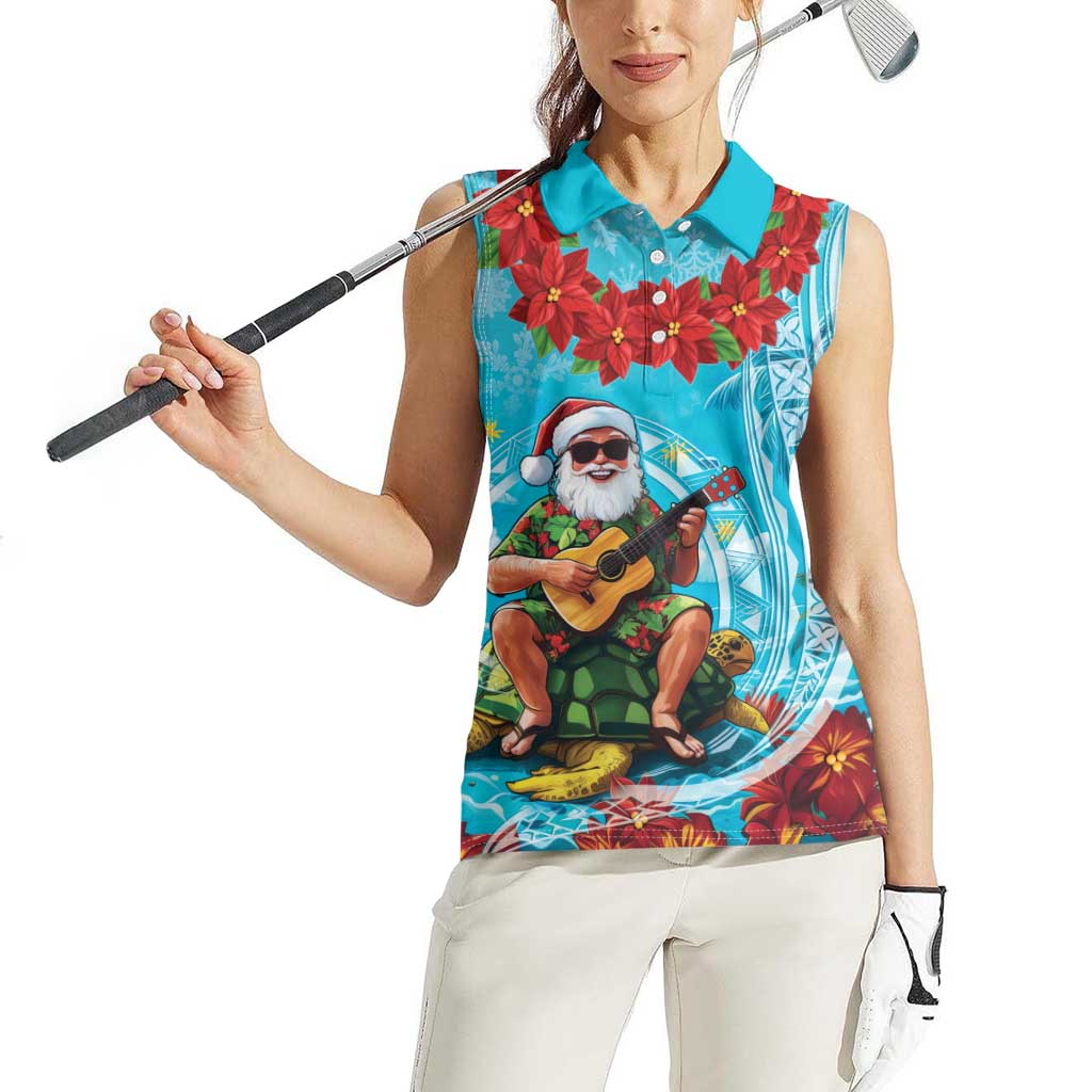 Hawaii Christmas Women Sleeveless Polo Shirt Mele Kalikimaka Poinsettia Lei Polynesian - Blue LT14 - Polynesian Pride