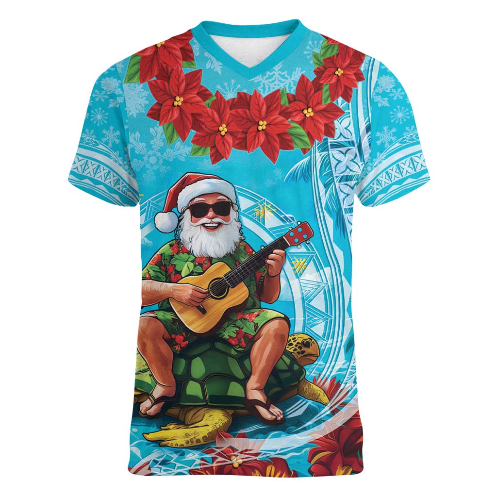Hawaii Christmas Women V-Neck T-Shirt Mele Kalikimaka Poinsettia Lei Polynesian - Blue LT14 Female Blue - Polynesian Pride