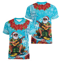 Hawaii Christmas Women V-Neck T-Shirt Mele Kalikimaka Poinsettia Lei Polynesian - Blue LT14 - Polynesian Pride