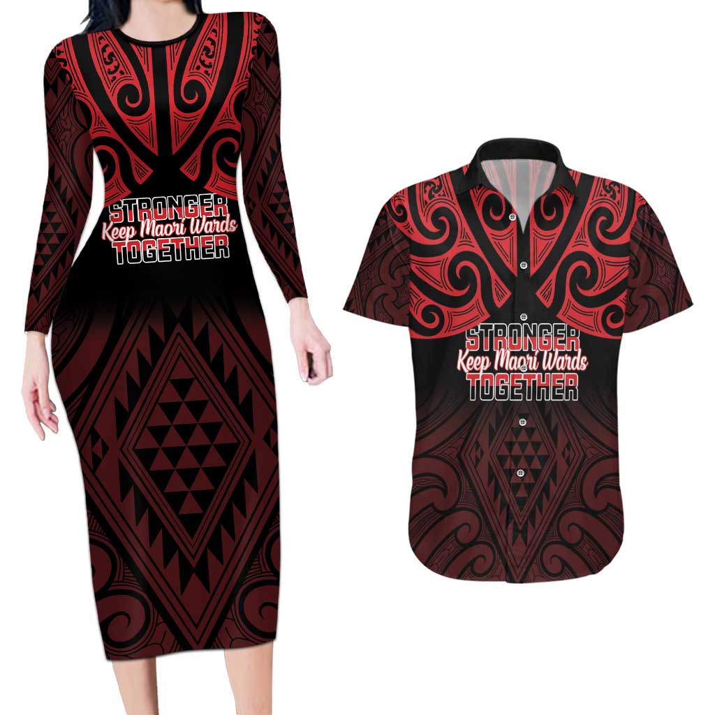Personalised Keep Maori Wards New Zealand Couples Matching Long Sleeve Bodycon Dress and Hawaiian Shirt Stronger Together Aotearoa Taniko LT14 Black - Polynesian Pride