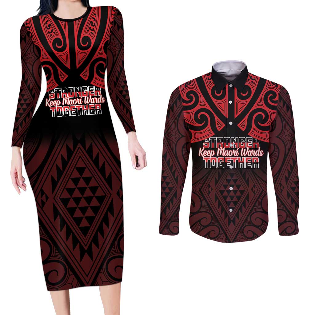 Personalised Keep Maori Wards New Zealand Couples Matching Long Sleeve Bodycon Dress and Long Sleeve Button Shirt Stronger Together Aotearoa Taniko LT14 Black - Polynesian Pride