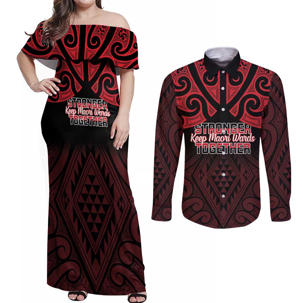 Personalised Keep Maori Wards New Zealand Couples Matching Off Shoulder Maxi Dress and Long Sleeve Button Shirt Stronger Together Aotearoa Taniko LT14 Black - Polynesian Pride