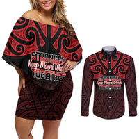 Personalised Keep Maori Wards New Zealand Couples Matching Off Shoulder Short Dress and Long Sleeve Button Shirt Stronger Together Aotearoa Taniko LT14 Black - Polynesian Pride