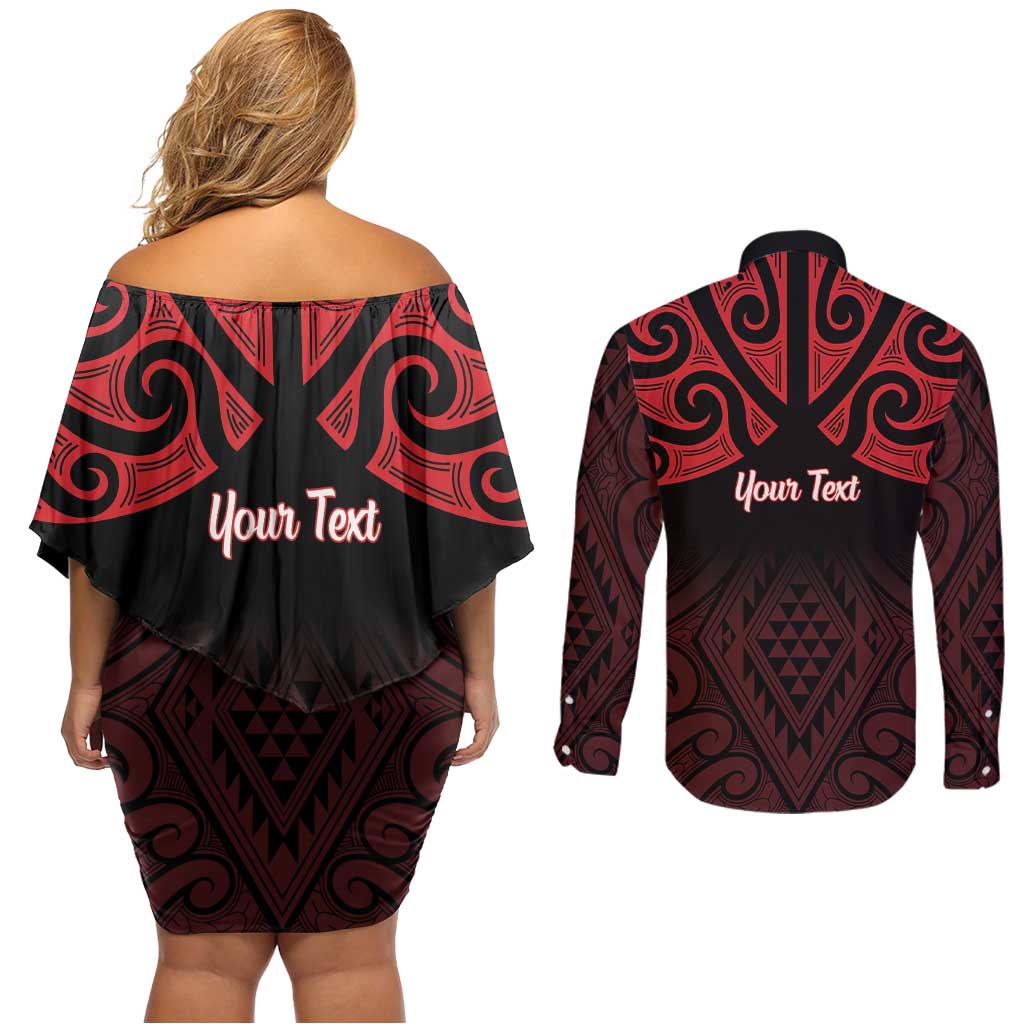 Personalised Keep Maori Wards New Zealand Couples Matching Off Shoulder Short Dress and Long Sleeve Button Shirt Stronger Together Aotearoa Taniko LT14 - Polynesian Pride