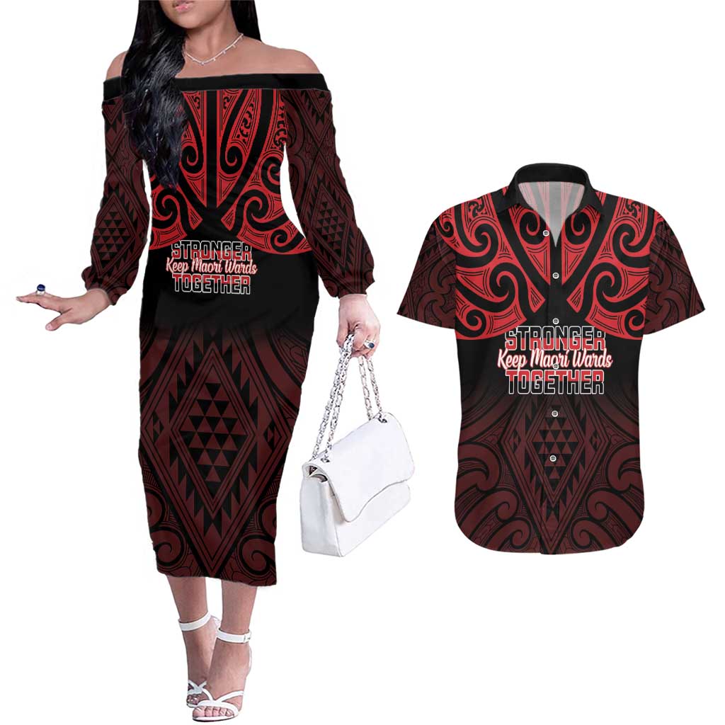 Personalised Keep Maori Wards New Zealand Couples Matching Off The Shoulder Long Sleeve Dress and Hawaiian Shirt Stronger Together Aotearoa Taniko - Polynesian Pride