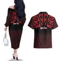 Personalised Keep Maori Wards New Zealand Couples Matching Off The Shoulder Long Sleeve Dress and Hawaiian Shirt Stronger Together Aotearoa Taniko LT14 - Polynesian Pride