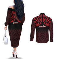 Personalised Keep Maori Wards New Zealand Couples Matching Off The Shoulder Long Sleeve Dress and Long Sleeve Button Shirt Stronger Together Aotearoa Taniko LT14 - Polynesian Pride