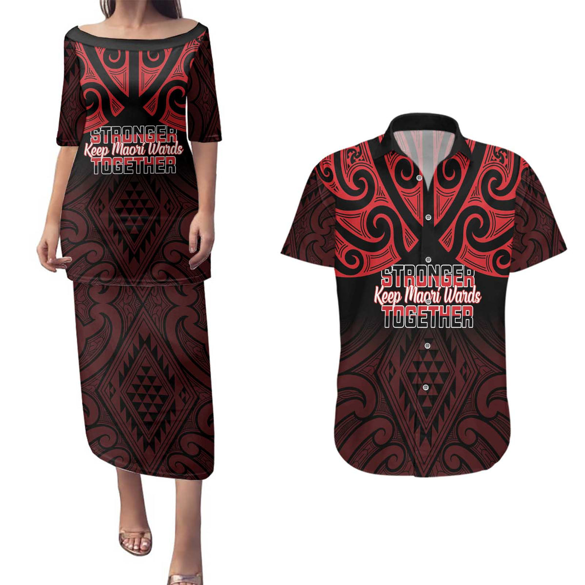 Personalised Keep Maori Wards New Zealand Couples Matching Puletasi and Hawaiian Shirt Stronger Together Aotearoa Taniko LT14 Black - Polynesian Pride