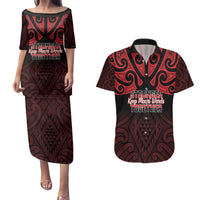 Personalised Keep Maori Wards New Zealand Couples Matching Puletasi and Hawaiian Shirt Stronger Together Aotearoa Taniko LT14 Black - Polynesian Pride