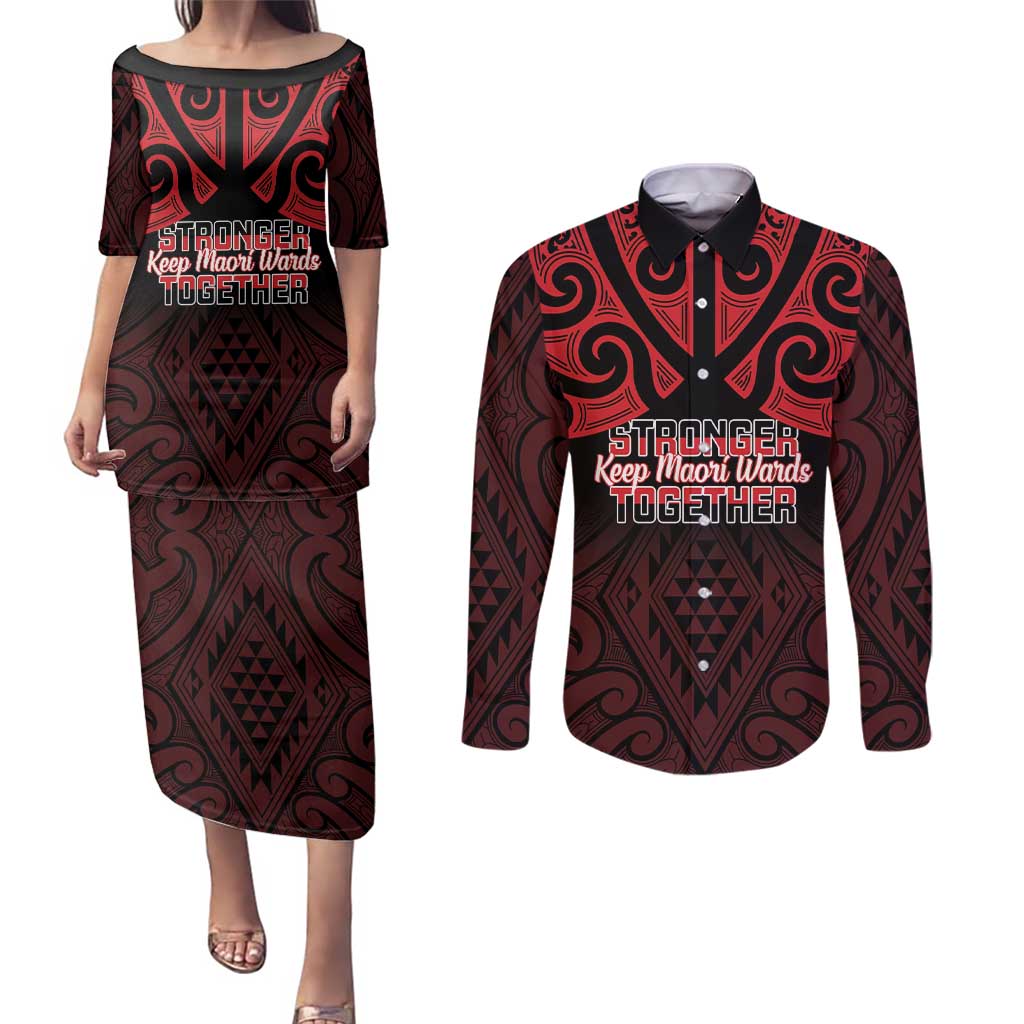 Personalised Keep Maori Wards New Zealand Couples Matching Puletasi and Long Sleeve Button Shirt Stronger Together Aotearoa Taniko LT14 Black - Polynesian Pride
