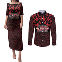 Personalised Keep Maori Wards New Zealand Couples Matching Puletasi and Long Sleeve Button Shirt Stronger Together Aotearoa Taniko LT14 Black - Polynesian Pride