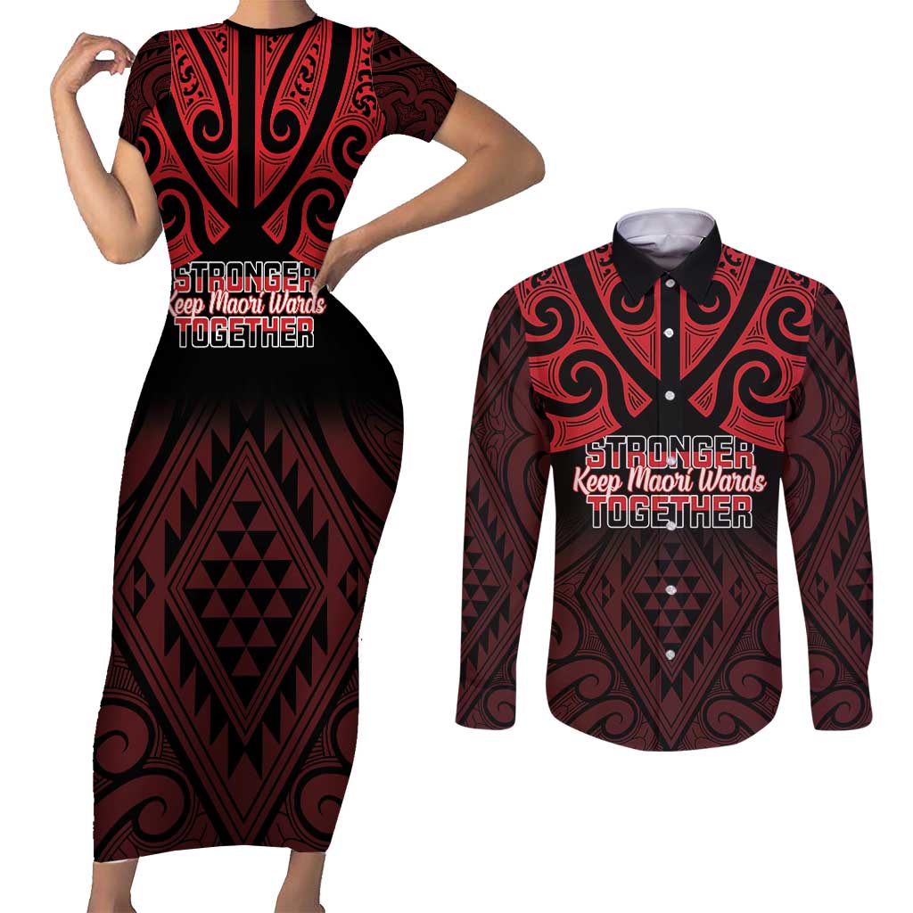 Personalised Keep Maori Wards New Zealand Couples Matching Short Sleeve Bodycon Dress and Long Sleeve Button Shirt Stronger Together Aotearoa Taniko LT14 Black - Polynesian Pride