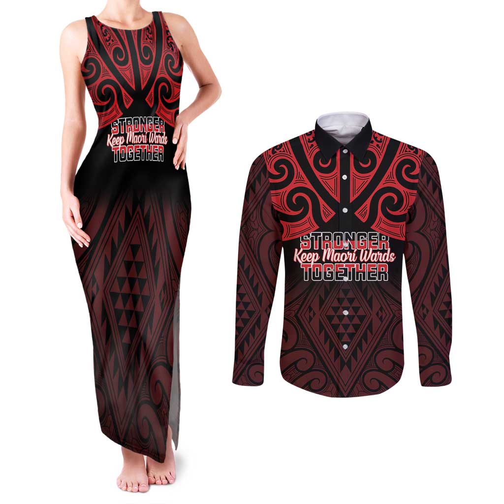 Personalised Keep Maori Wards New Zealand Couples Matching Tank Maxi Dress and Long Sleeve Button Shirt Stronger Together Aotearoa Taniko LT14 Black - Polynesian Pride