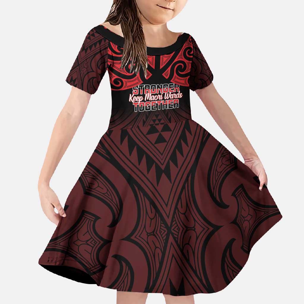 Personalised Keep Maori Wards New Zealand Family Matching Off Shoulder Maxi Dress and Hawaiian Shirt Stronger Together Aotearoa Taniko LT14 Daughter's Dress Black - Polynesian Pride