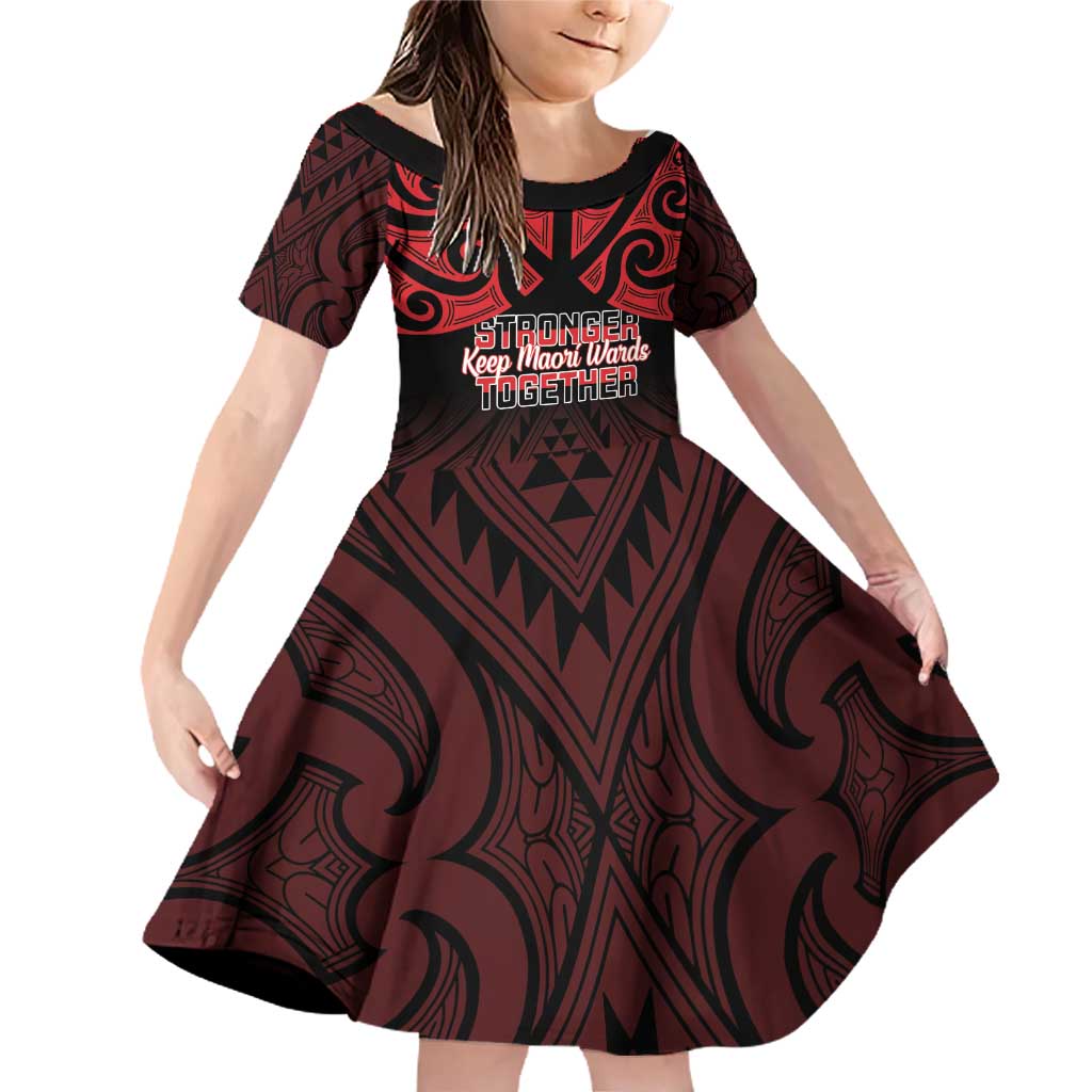 Personalised Keep Maori Wards New Zealand Family Matching Off Shoulder Short Dress and Hawaiian Shirt Stronger Together Aotearoa Taniko LT14 Daughter's Dress Black - Polynesian Pride