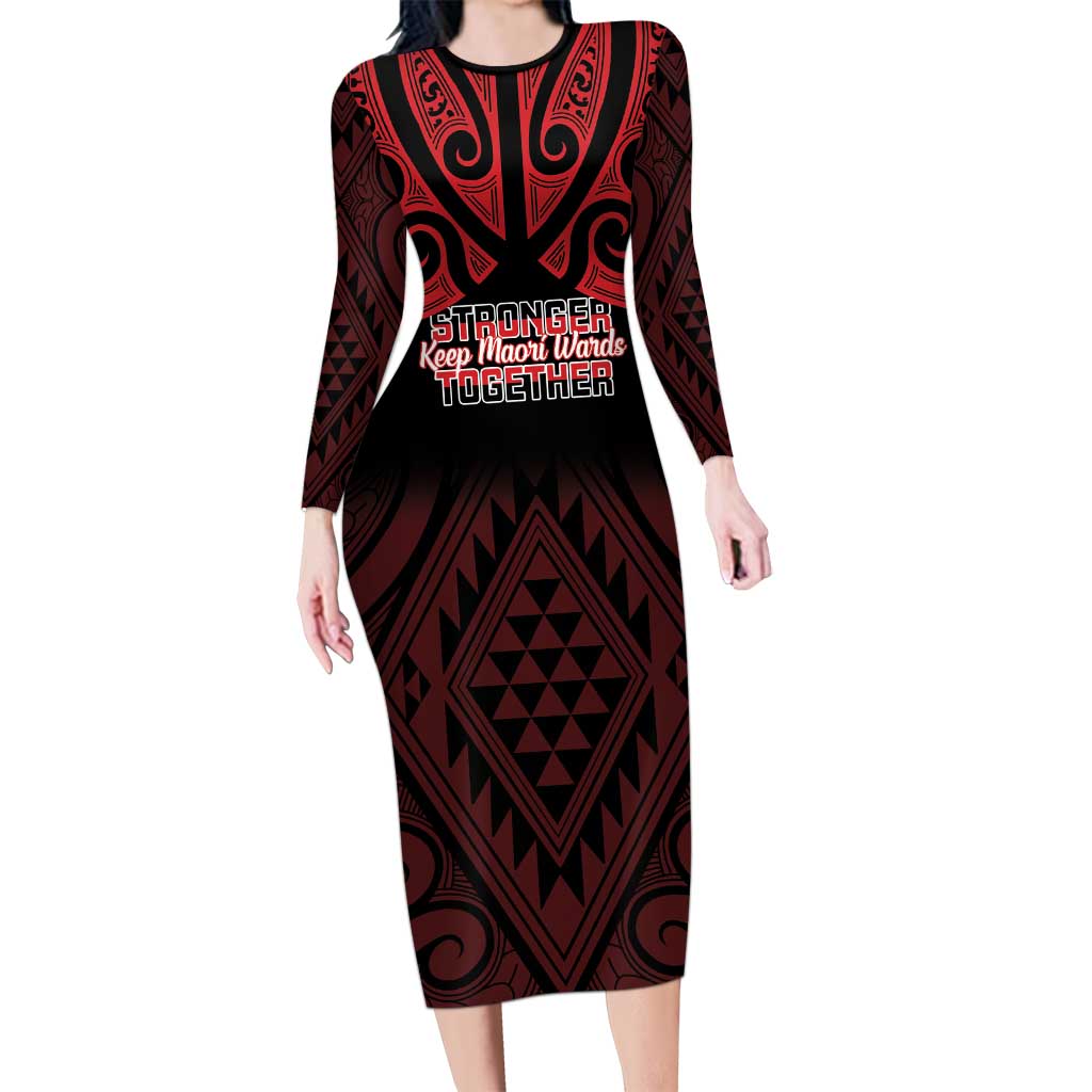 Personalised Keep Maori Wards New Zealand Long Sleeve Bodycon Dress Stronger Together Aotearoa Taniko LT14 Long Dress Black - Polynesian Pride