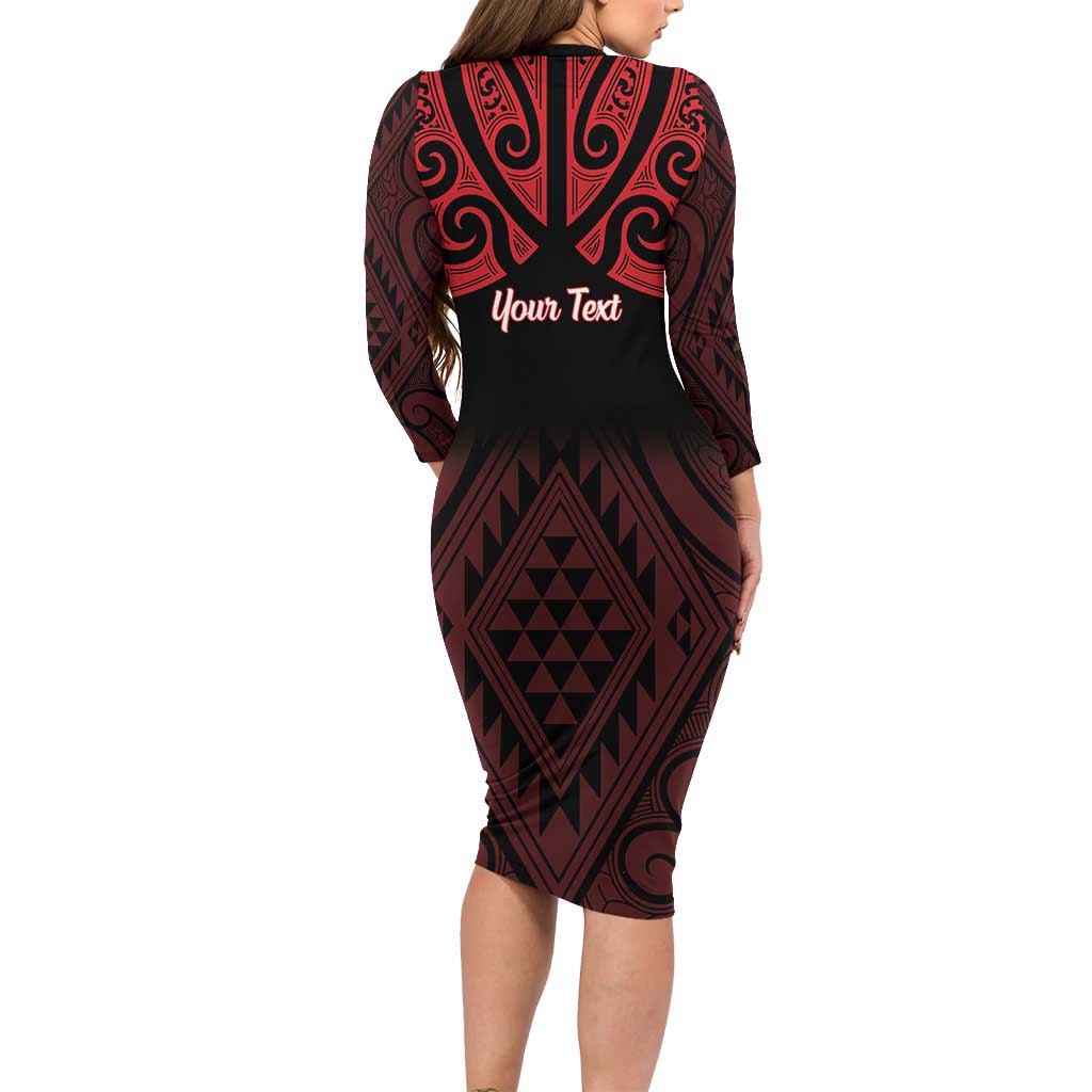Personalised Keep Maori Wards New Zealand Long Sleeve Bodycon Dress Stronger Together Aotearoa Taniko LT14 - Polynesian Pride