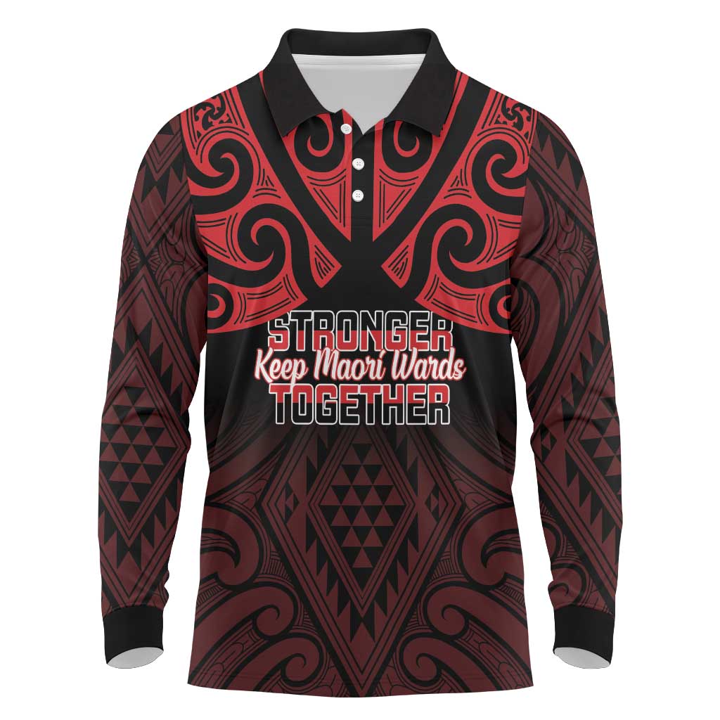 Personalised Keep Maori Wards New Zealand Long Sleeve Polo Shirt Stronger Together Aotearoa Taniko LT14 Black - Polynesian Pride