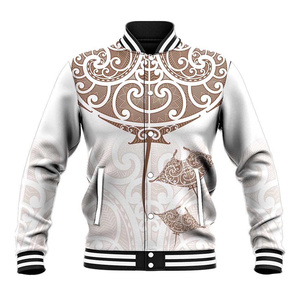 New Zealand Manta Ray Tattoo Baseball Jacket Aotearoa Maori Haehae Beige LT14 Unisex White - Polynesian Pride