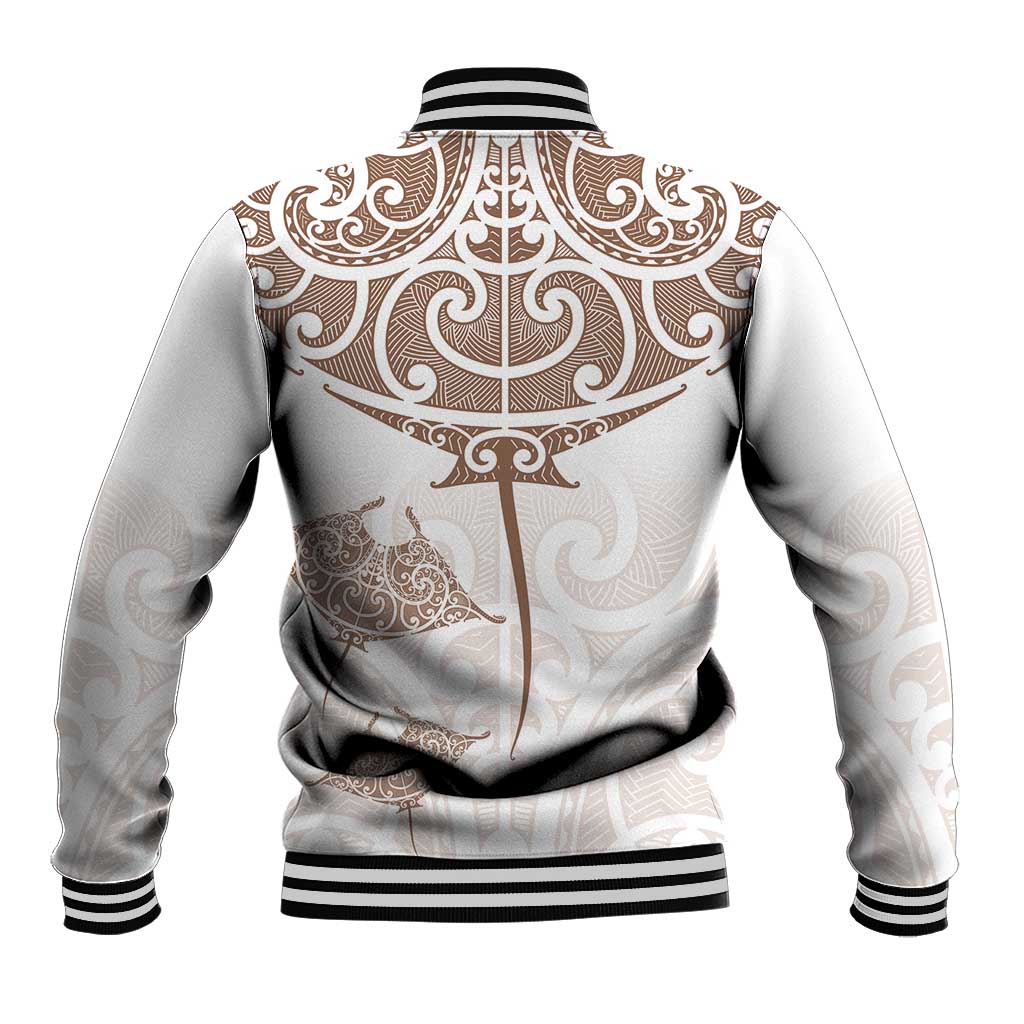 New Zealand Manta Ray Tattoo Baseball Jacket Aotearoa Maori Haehae Beige LT14 - Polynesian Pride