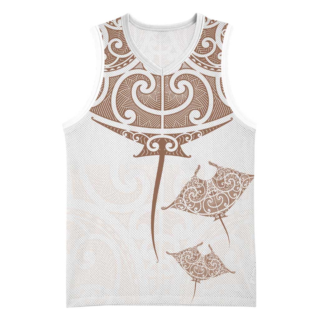 New Zealand Manta Ray Tattoo Basketball Jersey Aotearoa Maori Haehae Beige LT14 Unisex White - Polynesian Pride