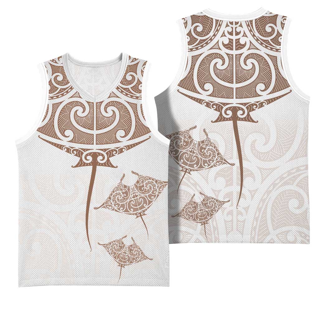 New Zealand Manta Ray Tattoo Basketball Jersey Aotearoa Maori Haehae Beige LT14 - Polynesian Pride