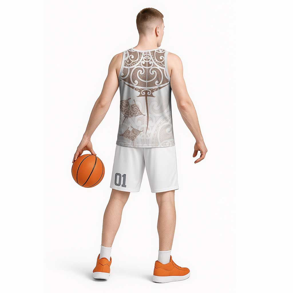 New Zealand Manta Ray Tattoo Basketball Jersey Aotearoa Maori Haehae Beige LT14 - Polynesian Pride
