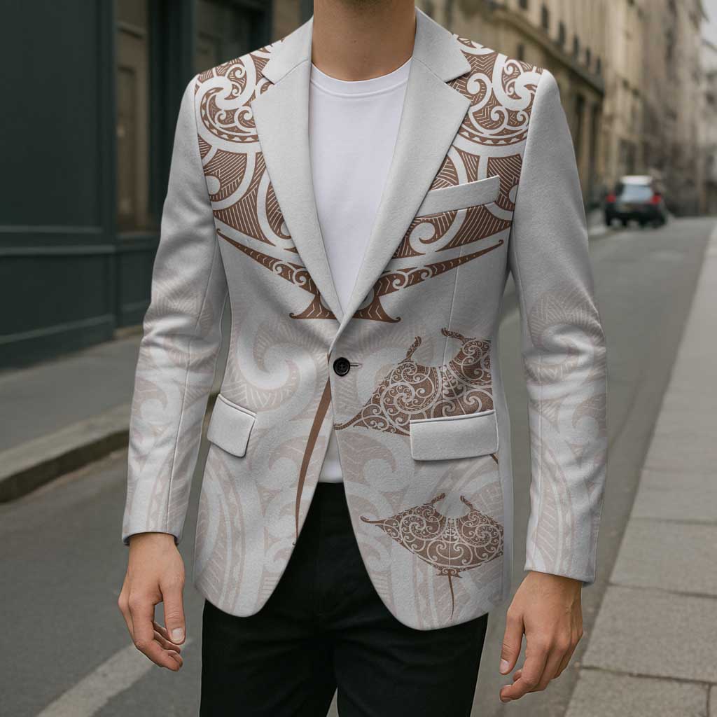 New Zealand Manta Ray Tattoo Blazer Aotearoa Maori Haehae Beige - Polynesian Pride