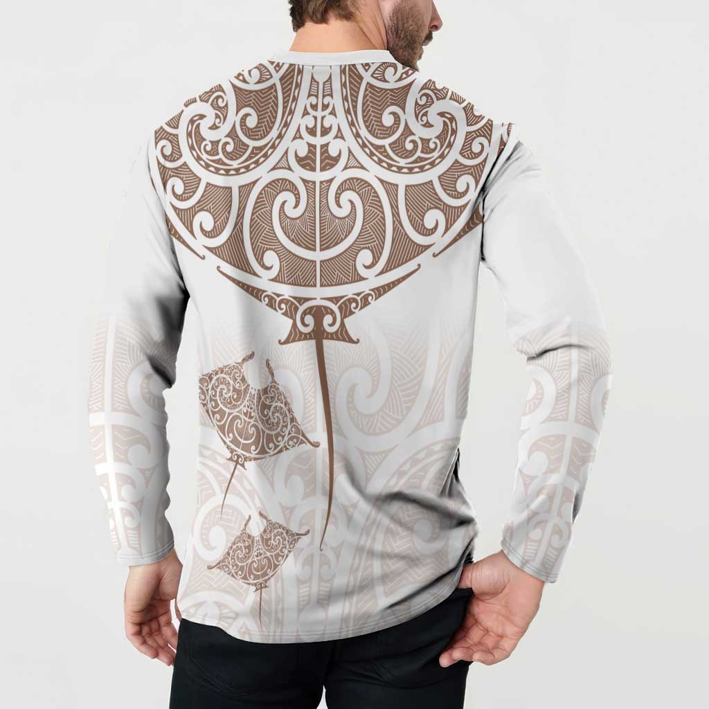 New Zealand Manta Ray Tattoo Button Sweatshirt Aotearoa Maori Haehae Beige - Polynesian Pride
