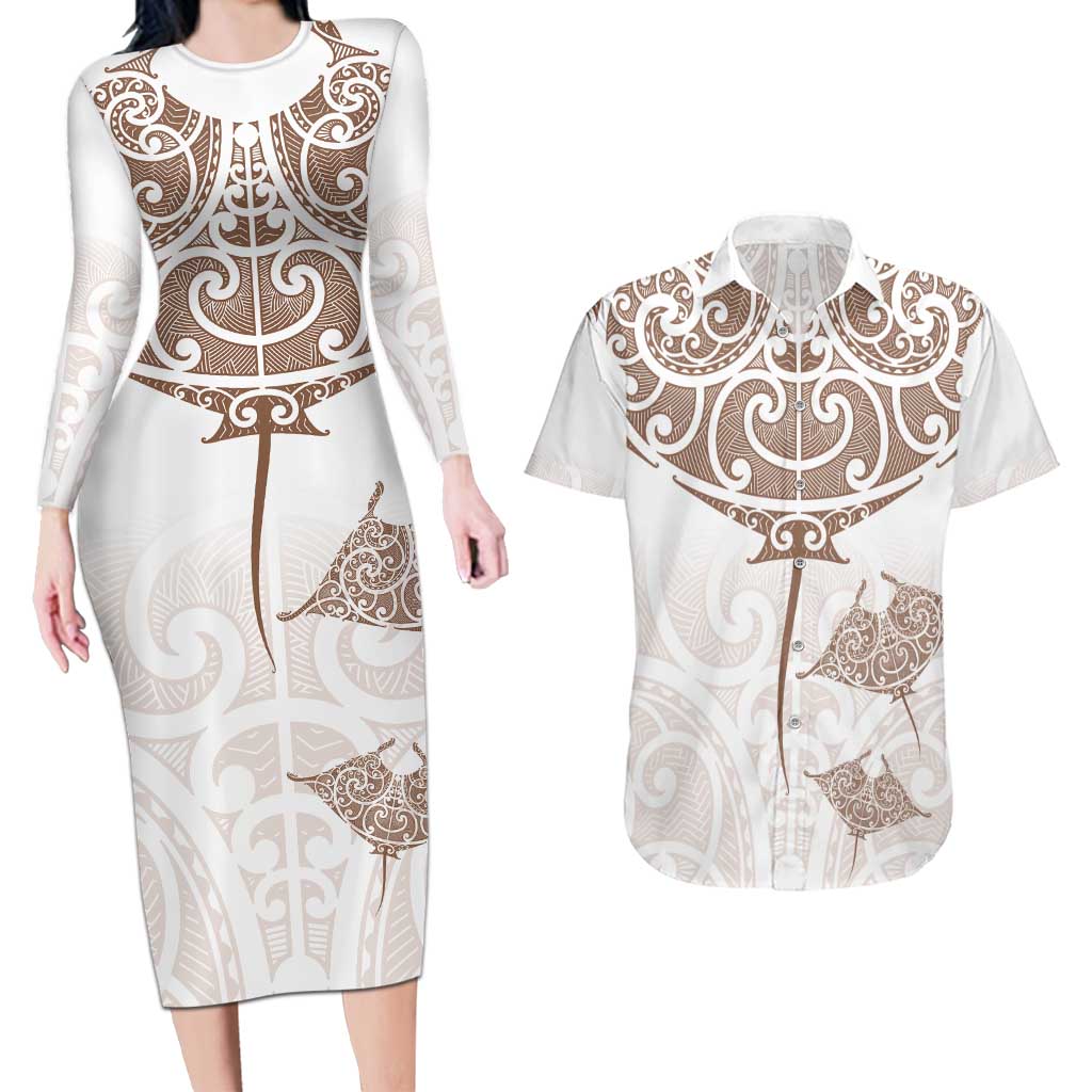 New Zealand Manta Ray Tattoo Couples Matching Long Sleeve Bodycon Dress and Hawaiian Shirt Aotearoa Maori Haehae Beige LT14 White - Polynesian Pride